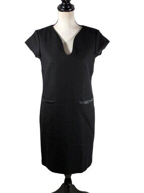 LL Bean Signature Black Wool Blend Sheath Dress Faux Leather Pockets Size 6